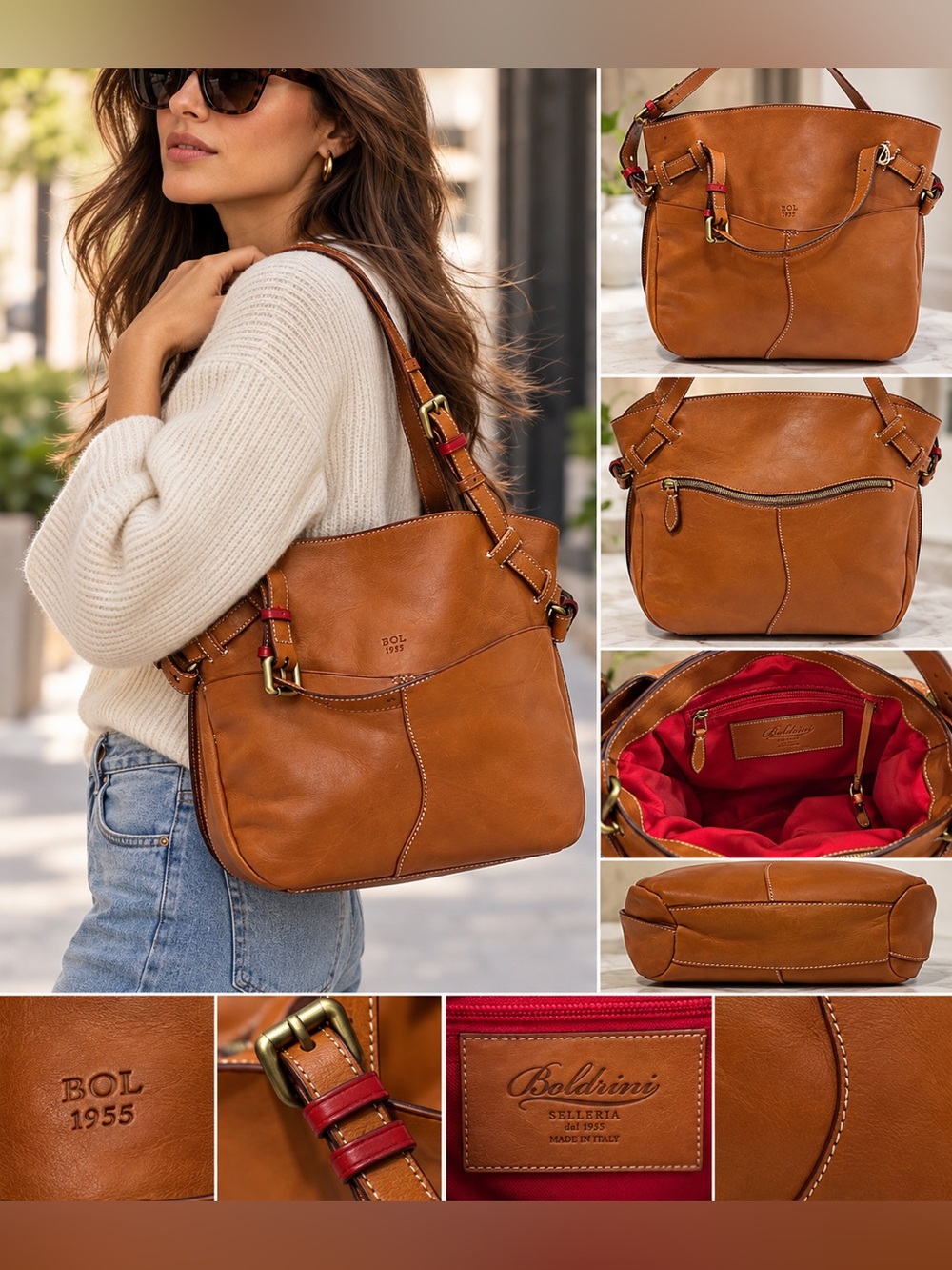 NWT Boldrini Selleria Cognac Italian Leather Large Shoulder Tote Made Italy